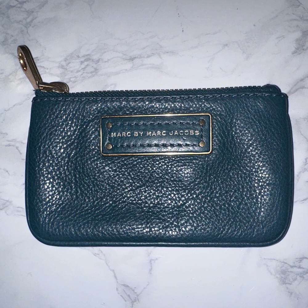 Marc by Marc Jacobs Teal Pebbled Leather Zip Pouch with Gold Plaque